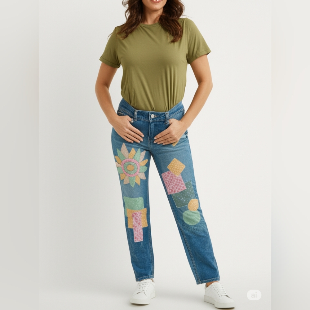 Upcycled Hand crafted sunflower and circular graphic embroidery blue Jeans Denim